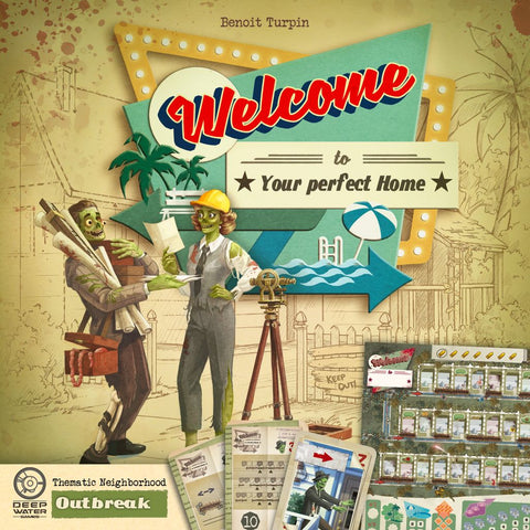 Game box cover for Welcome To: Outbreak Expansion by Deep Water Games, showing a retro-style illustration of two people with blueprints and tools near a neighborhood map, palm trees, and beach icons. Cards, game pieces, and Neighborhood Sheet Packs appear below.