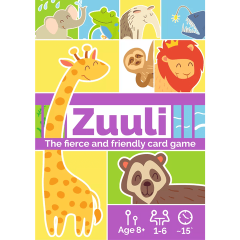 The Unfringed Zuuli card game box showcases cartoon animals—giraffe, lion, sloth, bear, elephant, frog, anteater, anglerfish. Text: “The fierce and friendly wildlife park card game,” Age 8+, 1-6 players, ~15 mins.