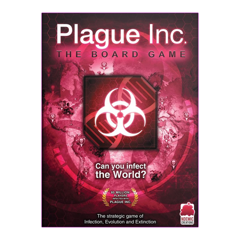 The Plague Inc. board game by Ndemic Creation features a box cover with a bold biohazard symbol on a red world map and the tagline, "Can you infect the World?"—a strategic game where players compete to spread disease worldwide.