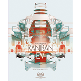 Cover art for Kanban EV by Eagle-Gryphon Games, showcasing a futuristic abstract design of electric vehicle parts in teal and red, emphasizing kanban production, with the title and creators' names boldly centered.