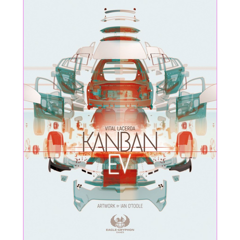 Cover art for Kanban EV by Eagle-Gryphon Games, showcasing a futuristic abstract design of electric vehicle parts in teal and red, emphasizing kanban production, with the title and creators' names boldly centered.