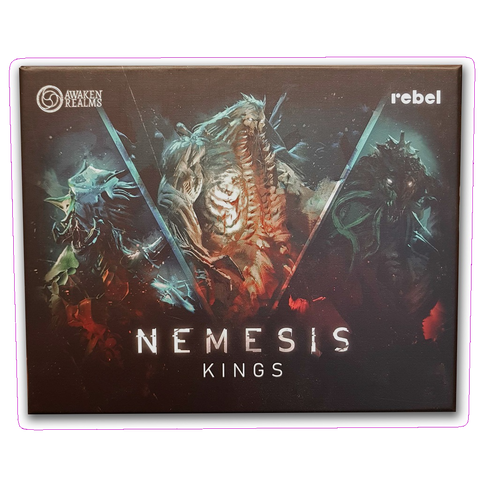 Box cover of Nemesis: Kings Expansion by Awaken Realms shows three monstrous aliens in dramatic colors. Includes collector models and plastic miniatures. Awaken Realms logo featured in the top corner.