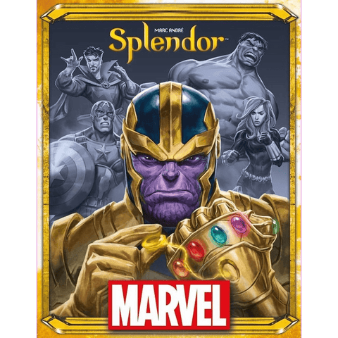 The cover of Space Cowboys’ Splendor: Marvel features Thanos wielding the Infinity Gauntlet, with grayscale images of Captain America, Hulk, Iron Man, and Black Widow in the background of this Avengers-themed board game.