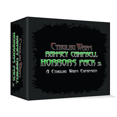A black game box with ornate edges labeled "Cthulhu Wars: Ramsey Campbell Horrors Pack 2" by Petersen Games in green and red text, featuring Great Old Ones inspired by Ramsey Campbell on the front and side.