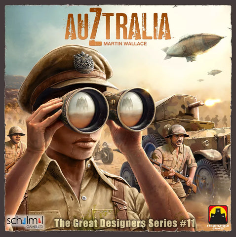 A woman in uniform scans a desert through binoculars, spotting a monster. Soldiers, an armored vehicle, and an airship appear—evoking AuZtralia by SchilMil Games, an adventure board game set in a 1930s alternate reality.