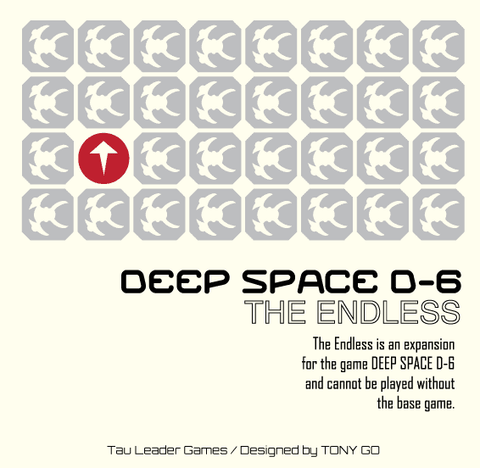 A grid of spaceship icons with one red tile and an arrow among gray tiles. Text: Deep Space D-6: The Endless Expansion by Tau Leader Games—an add-on with new ship upgrades, requires the Deep Space D-6 base game.