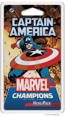 The Marvel Champions: The Card Game – Captain America Hero Pack by Fantasy Flight Games features Cap with his vibranium shield amid an explosion—“Captain America” at top and “Hero Pack” below—ideal for any Avengers deck.