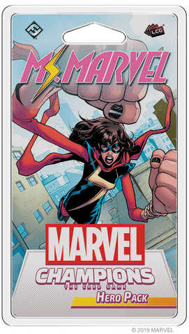 The Marvel Champions: The Card Game – Ms. Marvel Hero Pack by Fantasy Flight Games features Ms. Marvel (Kamala Khan) in her iconic costume with stretched fists, on packaging displaying the Marvel and FFG logos.