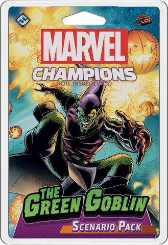 The cover of Marvel Champions: The Card Game – The Green Goblin Scenario Pack by Fantasy Flight Games shows Norman Osborn as Green Goblin on his glider, tossing pumpkin bombs with a wicked grin against a vibrant background.