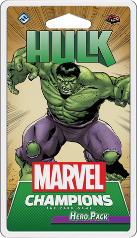 The packaging for Fantasy Flight Games' Marvel Champions: The Card Game – Hulk Hero Pack features the muscular green superhero in ripped purple pants, fists clenched, and a fierce expression.