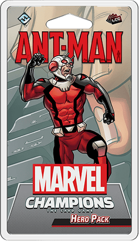 Packaging for Marvel Champions: The Card Game – Ant-Man Hero Pack by Fantasy Flight Games features Ant-Man in his red and black suit, fist raised, with the Marvel logo and game title below the character illustration.