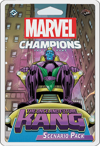 The image shows the Marvel Champions: The Card Game – The Once and Future Kang Scenario Pack by Fantasy Flight Games, featuring Kang the Conqueror seated on a throne before a futuristic city.