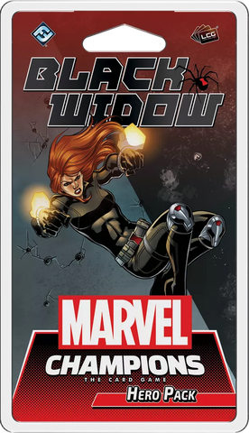 Packaging for the Marvel Champions: The Card Game – Black Widow Hero Pack by Fantasy Flight Games showcases Black Widow in action and is ideal for Marvel Universe deck-building fans. The Marvel logo and game title appear below.
