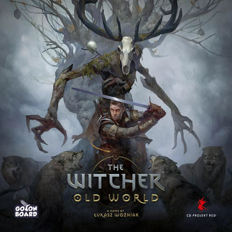 A monster slayer with a sword faces a deer-skull creature amid snarling wolves. The Witcher: Old World by CD Projekt RED is an epic adventure board game.