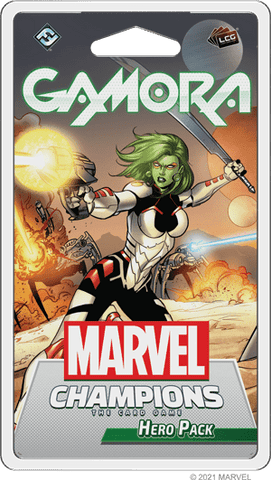 Illustration of Gamora in a battle stance, holding a sword with a fiery background. The packaging reads Marvel Champions: The Card Game – Gamora Hero Pack by Fantasy Flight Games, with the Marvel logo at the bottom.