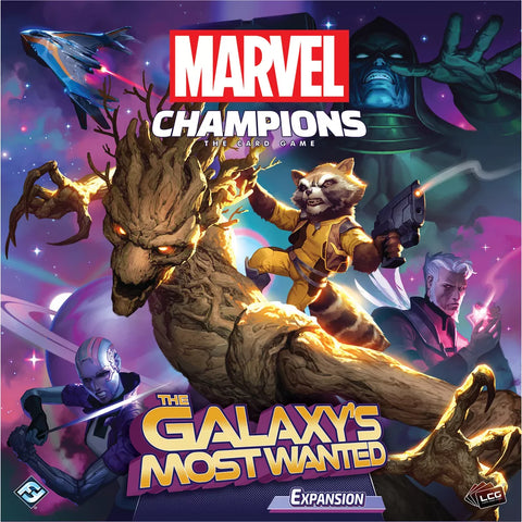 The cover art for Marvel Champions: The Card Game – The Galaxy's Most Wanted Expansion by Fantasy Flight Games shows the Guardians of the Galaxy—Groot, Rocket Raccoon, Drax, Nebula, and Gamora—in action with a villain’s face behind them.