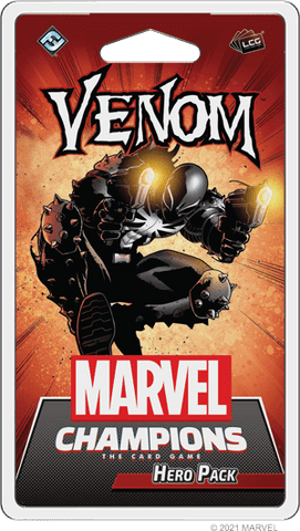 Marvel Champions: The Card Game – Venom Hero Pack from Fantasy Flight Games features playable hero Venom in a dynamic pose with glowing yellow weapons, set against a red background with Marvel and Guardians of the Galaxy branding.