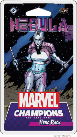 An illustration of Nebula, a blue-skinned cyborg, holding batons in space appears on the Marvel Champions: The Card Game – Nebula Hero Pack by Fantasy Flight Games, with “NEBULA” and “MARVEL CHAMPIONS Hero Pack” on the packaging.