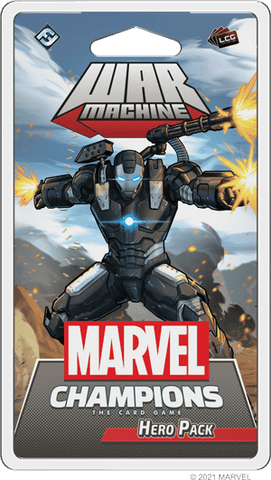 War Machine, the armored superhero, unleashes his weapons amid smoke and explosions on Fantasy Flight Games' Marvel Champions: The Card Game – War Machine Hero Pack.