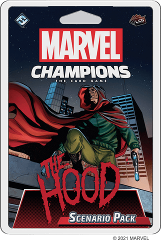 The image displays the packaging for Marvel Champions: The Card Game – The Hood Scenario Pack by Fantasy Flight Games, featuring The Hood in a red cape with a gun, city buildings behind him, and modular encounter sets beneath the Marvel logo.