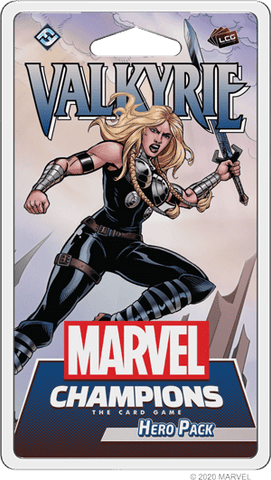 Illustration of Valkyrie, a blonde female warrior in black armor with a sword, featured on the Marvel Champions: The Card Game – Valkyrie Hero Pack by Fantasy Flight Games. Marvel and Champions logos are prominently displayed.