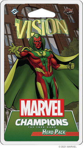 Marvel Champions: The Card Game – The Vision Hero Pack by Fantasy Flight Games features the android hero Vision in his classic green, red, and yellow costume, standing with one arm outstretched before a city building.