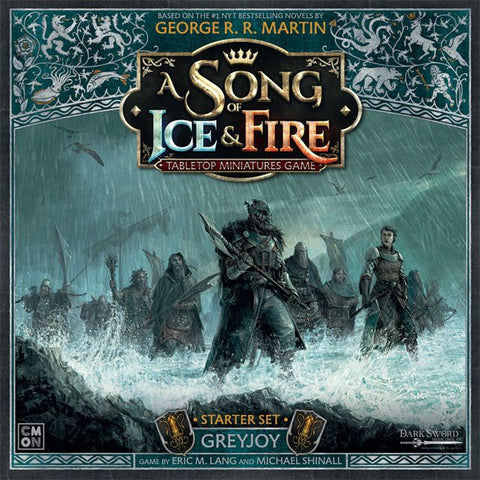 The A Song of Ice & Fire Starter Set Greyjoy by Cool Mini Or Not showcases armored warriors with weapons emerging from stormy waves, the Greyjoy sigil and title boldly featured—a dynamic intro to this acclaimed miniatures game.