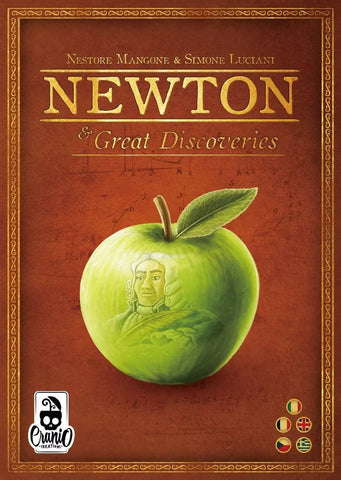 Cover of Newton & Great Discoveries by Cranio Creations, showing a green apple engraved with Isaac Newton’s face on a brown background with gold text, scientific sketches, publisher logo, and international flags.