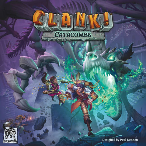 In Dire Wolf’s Clank! Catacombs, two adventurers face skeletal foes and dodge green magic in eerie underground halls littered with bones and a giant dragon skull—setting the scene for an epic deck-building quest. Clank! Catacombs is boldly featured at the top.