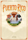 Cover of alea’s Puerto Rico 1897 board game features three figures in period attire before a tropical backdrop, with the game title and author shown at the top of this historical strategy game.