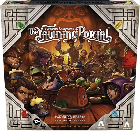 The box for Avalon Hill's Dungeons & Dragons: The Yawning Portal shows fantasy characters sharing food and drinks around a table in the famous tavern, creating a warm, inviting atmosphere.