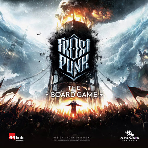 Crowds gather around a towering, steampunk-style generator emitting fire and smoke on a snowy landscape. At the center sits Frostpunk: The Board Game by Glass Cannon Unplugged—a tense post-apocalyptic strategy and survival game.
