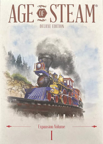 A vibrant steam locomotive travels through scenic landscapes as smoke billows. The text reads "Age of Steam Deluxe: Expansion Volume I" by Eagle-Gryphon Games, featuring new maps for the acclaimed board game.